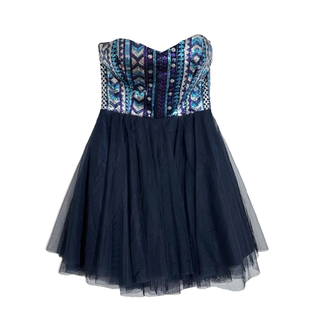 Nights by Teeze Me Strapless Sequin Corset Tulle Party Dress Y2K Blue Juniors 1